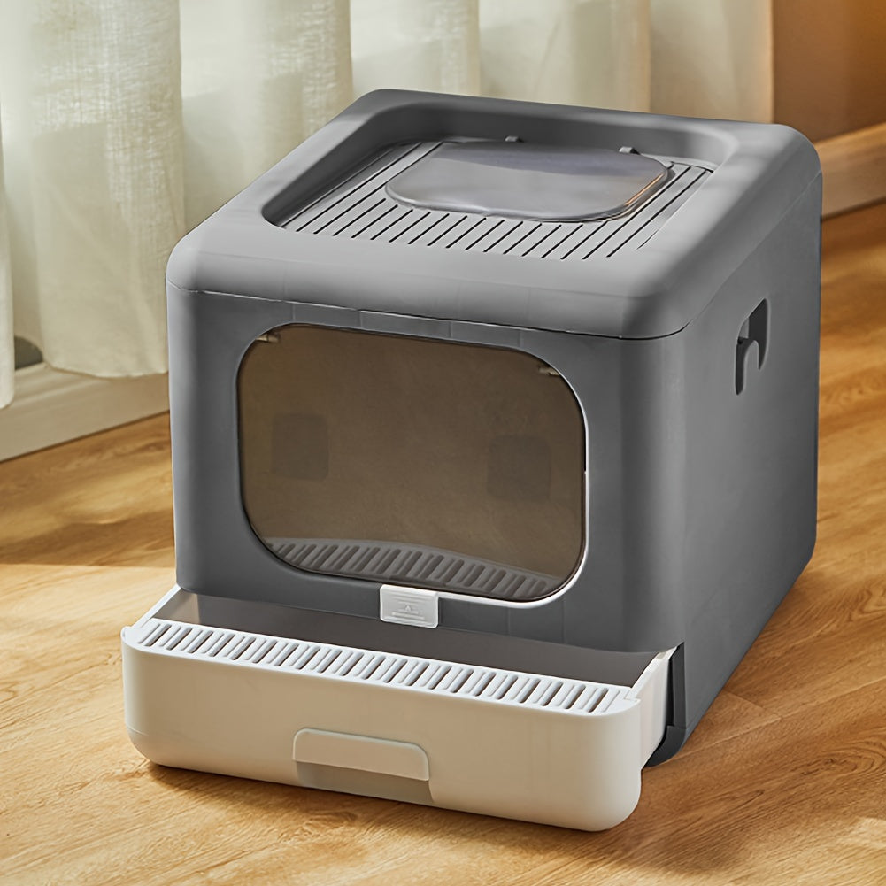 Cat Litter Tray Box: Foldable Top Entry Large Cats Toilet With Lid - Hooded Kitten Litter Tray Easy Cleaning Drawer Design With Scoop Grey