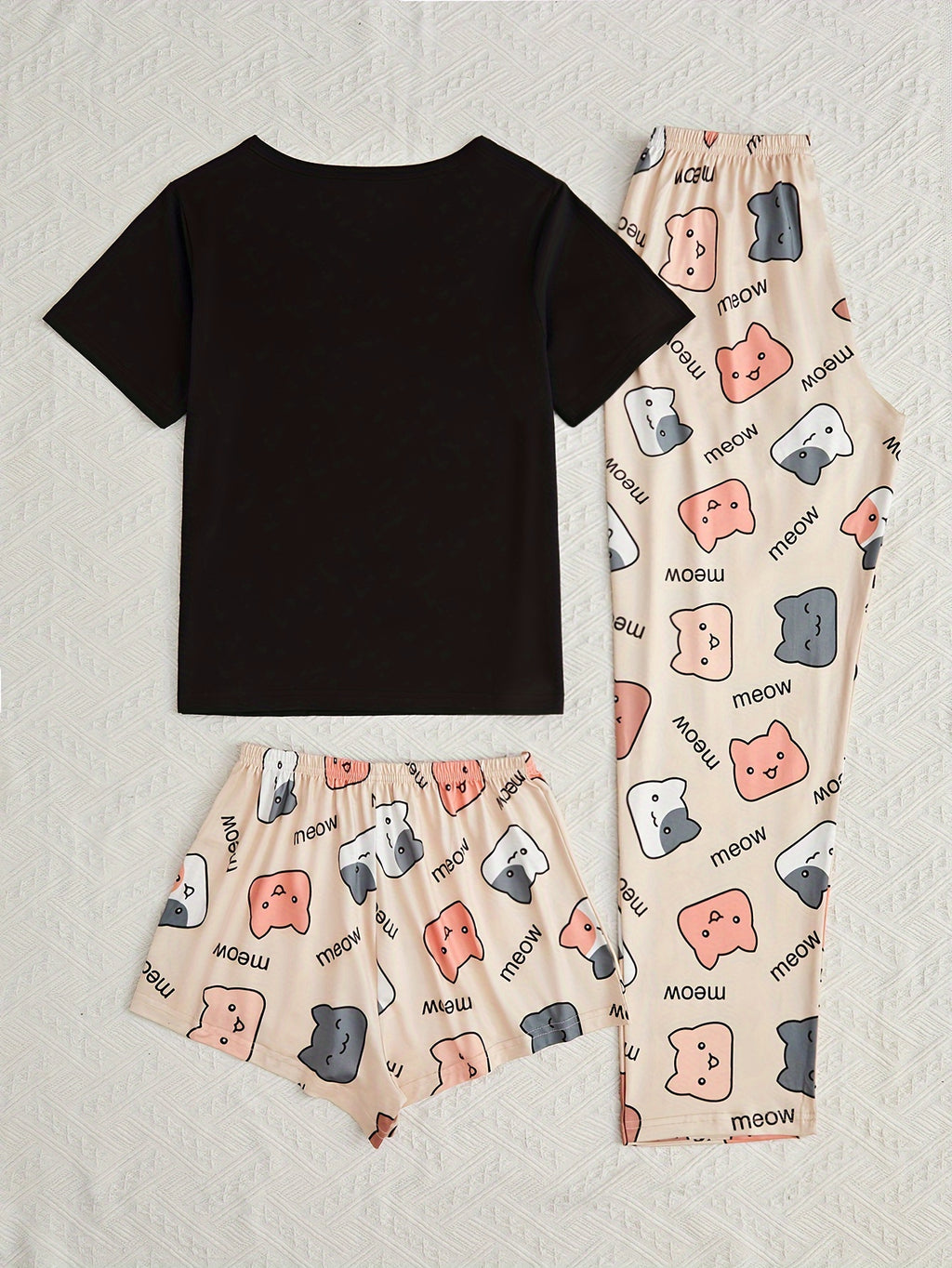 Cartoon Cat & Letter Print Pajama Set, Short Sleeve Crew Neck Top & Shorts & Pants, Women's Sleepwear & Loungewear