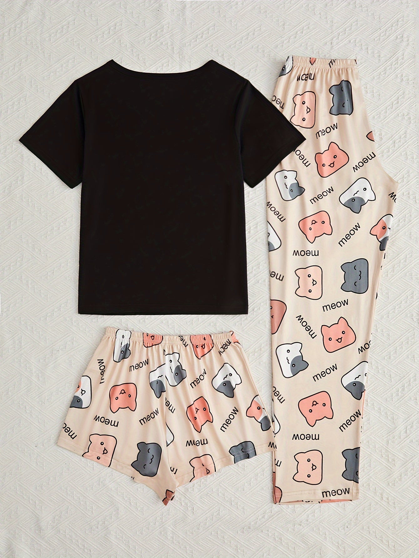 Cartoon Cat & Letter Print Pajama Set, Short Sleeve Crew Neck Top & Shorts & Pants, Women's Sleepwear & Loungewear