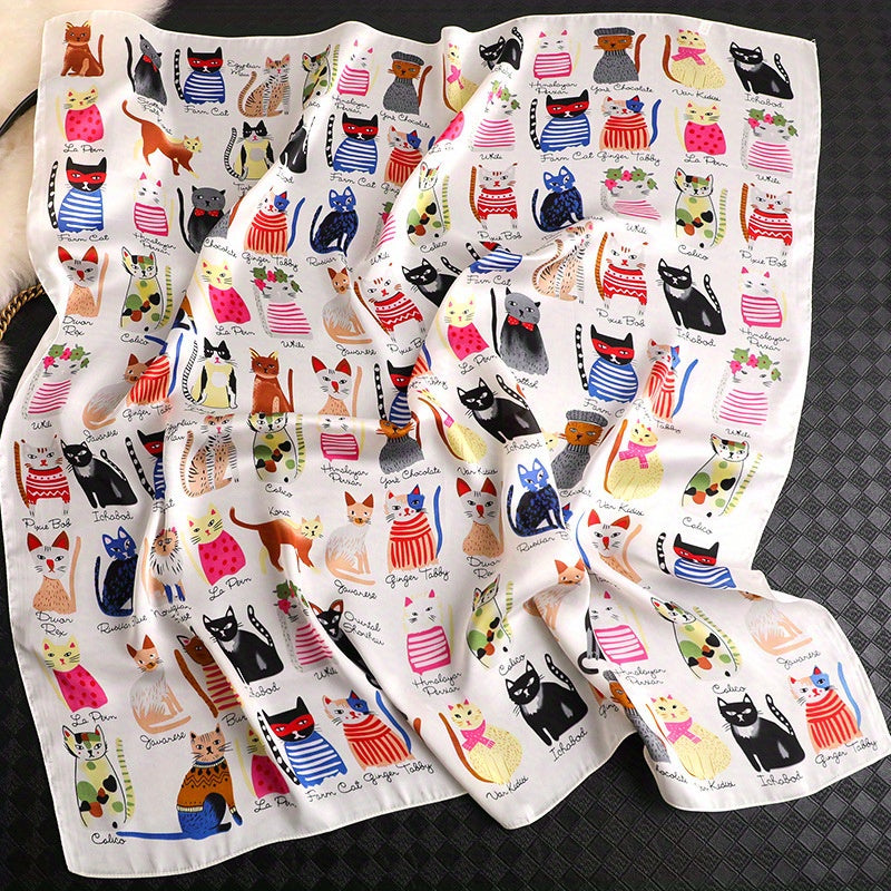 Cartoon Cat Pattern Polyester Square Scarf for Women, Cute Style, Decorative & Windproof, Breathable, Non-Elastic, with Hand Wash/Dry Clean for Parties