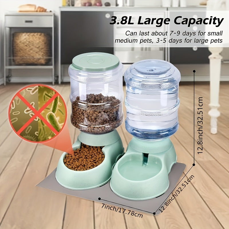 2 Pack Automatic Cat Feeder And Water Dispenser Set With Pet Food Mat For Small Medium Dog Pets Puppy Kitten Big Capacity (2 Pack Green)