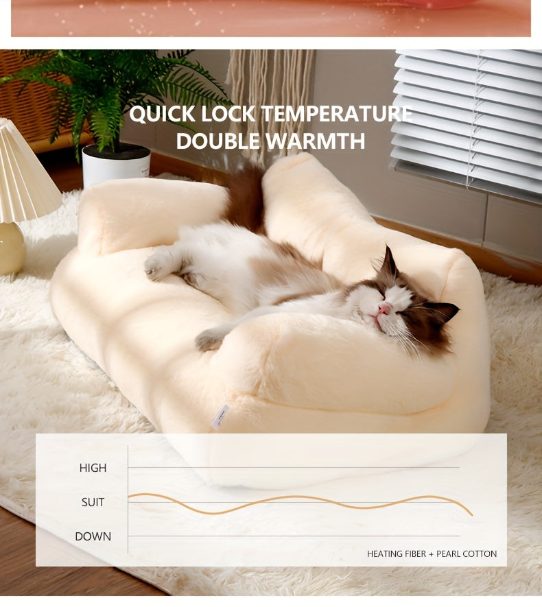 Luxurious Beige Plush Cat Bed - Ultra-Soft, Warm Sofa for Cats with Non-Slip Base & Detachable Cover - Ideal for Snoozing & Relaxing, Easy to Clean, Polyester Fill - Perfect Pet Lounger for Kittens & Cats, Kitten Bed
