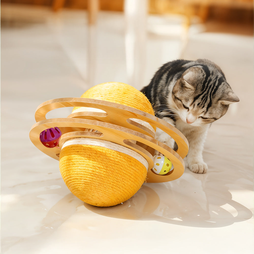 Cat Scratching Ball Toy Kitten Interactive Toy with Ball Track, Sisal Protecting Furniture Stylish Look Double Sides Use Pet Teasing Gadget Ball for Indoor Home