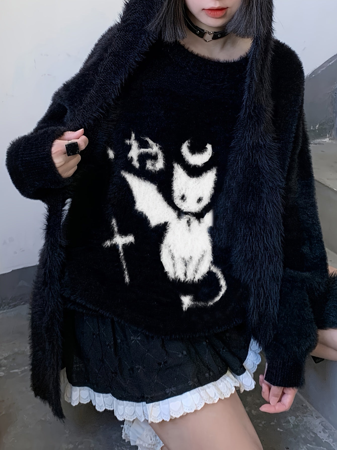 Cute Cat Pattern Plush Pullover Sweater, Casual Long Sleeve Loose Cozy Sweater, Women's Clothing