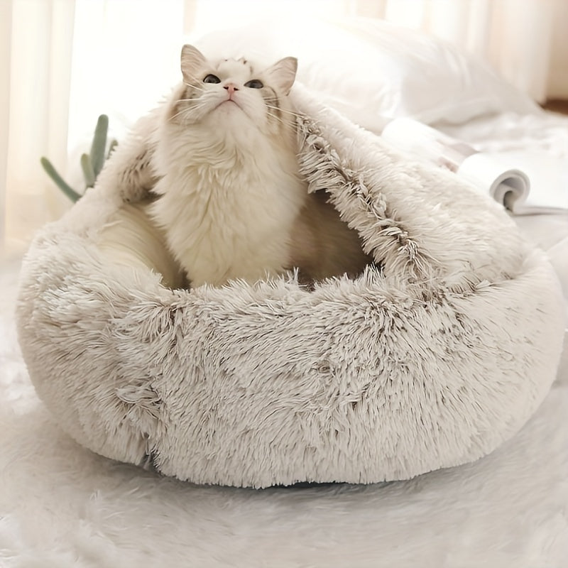 Luxurious Plush Hooded Donut Pet Bed for Cats & Small Dogs - Cozy, Warm, Non-Slip Bottom, Easy to Clean, Perfect for Winter Comfort