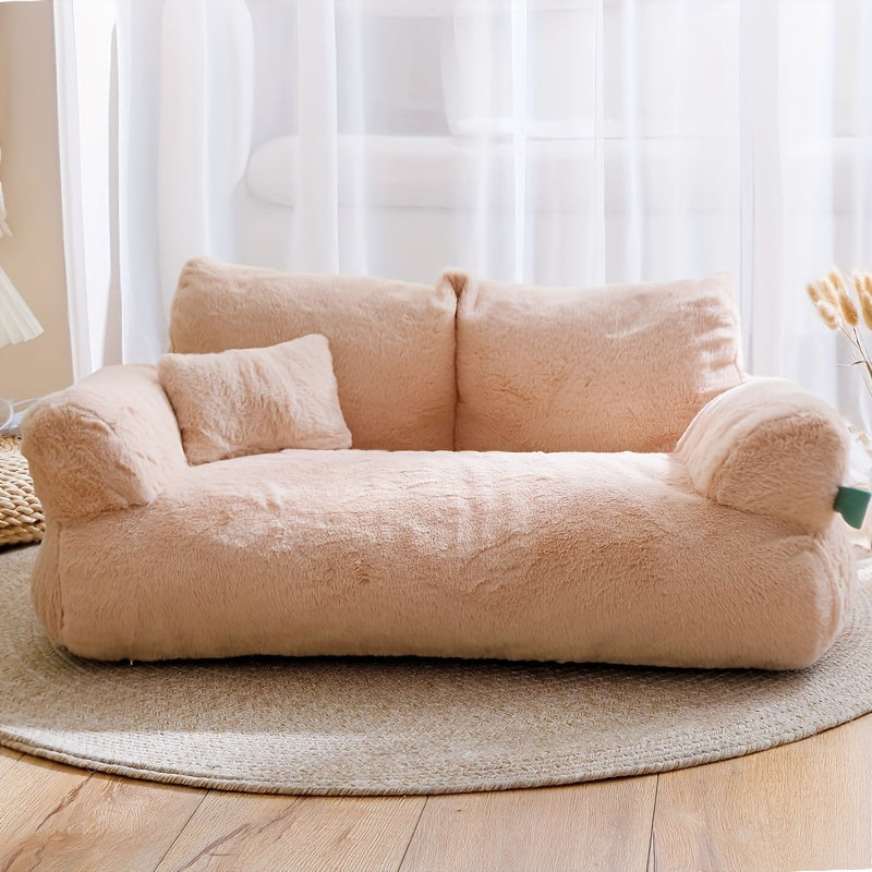 Luxurious Beige Plush Cat Bed - Ultra-Soft, Warm Sofa for Cats with Non-Slip Base & Detachable Cover - Ideal for Snoozing & Relaxing, Easy to Clean, Polyester Fill - Perfect Pet Lounger for Kittens & Cats, Kitten Bed