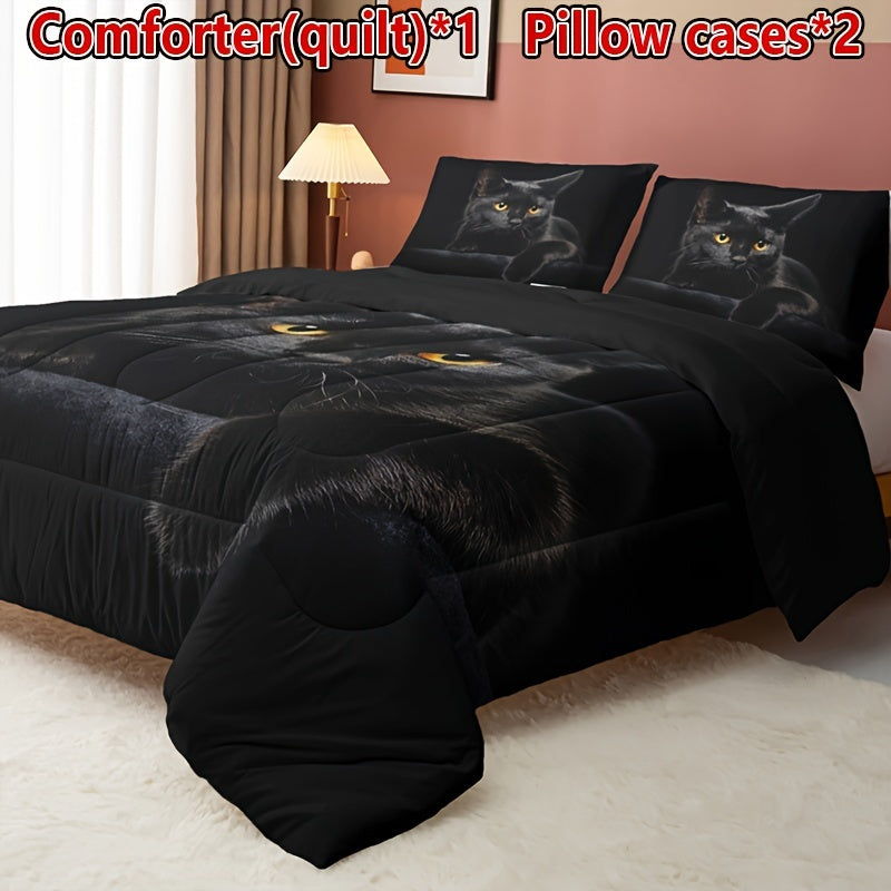 Charming Black Cat 3-Piece Bedding Set: Soft, All-Season Quilt with 2 Pillowcases - Breathable and Hand Washable
