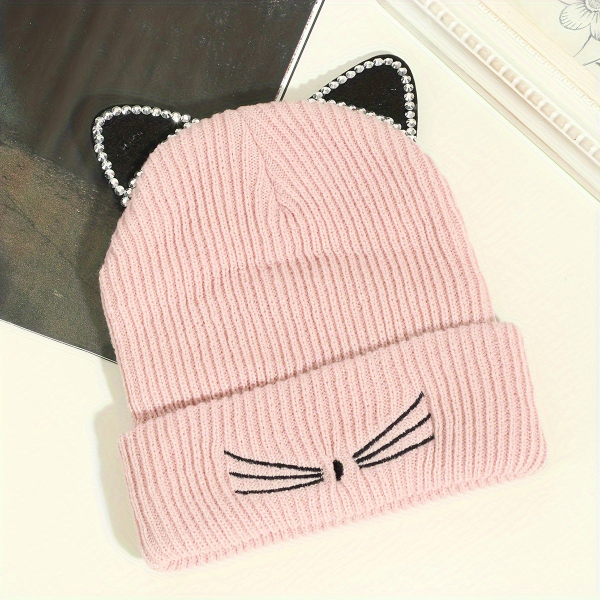 Cute Cat Beanie With Ears Trendy Solid Color Elastic Knit Hats Winter Warm Skull Cap Coldproof Beanies For Women