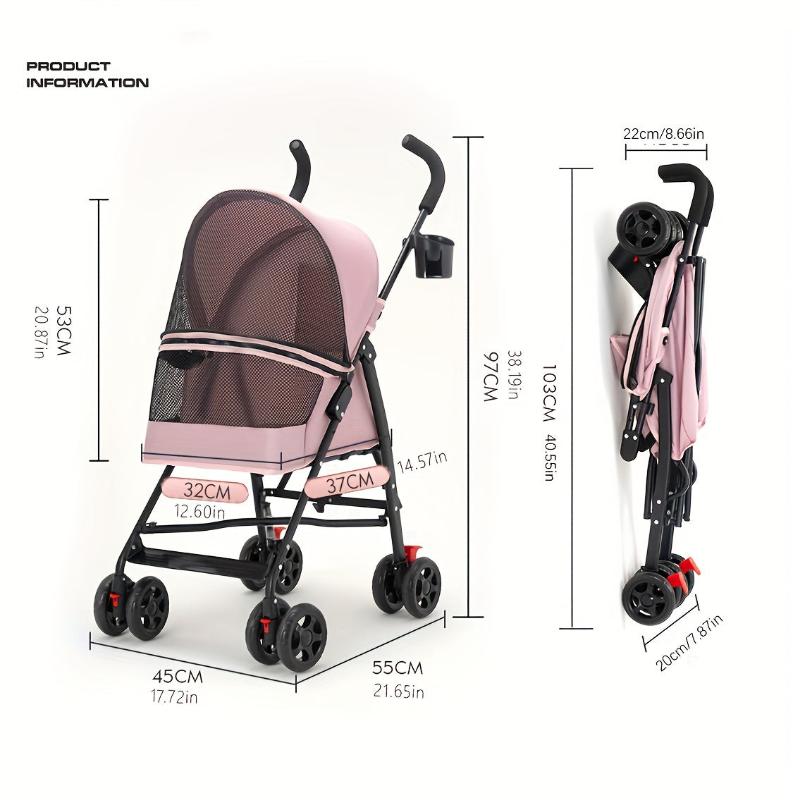 Lightweight & Foldable Pet Stroller for Small Dogs and Cats - Durable Metal Frame, Oxford Fabric, Multiple Colors Available