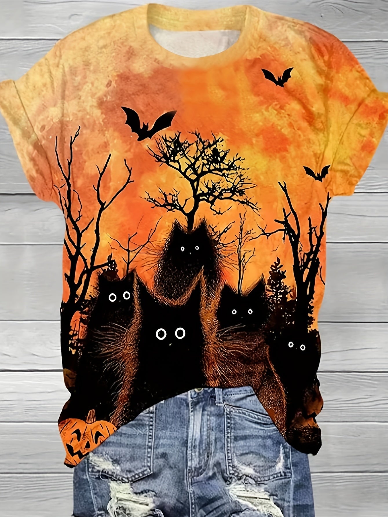 Short Sleeve Halloween Cat Print Crew Neck T-Shirt for Women, Casual Spring & Summer Top