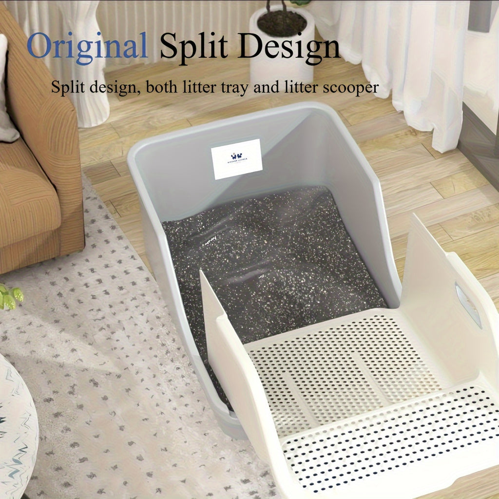 Jumbo Scoopless Open Cat Litter Tray High Sided Rim Kitten Pet Sifting Toilet Plastic Loo Pan Box Anti-Spillage Portable Easy Cleaning No Spilling No Dirty Hands Split Cat Litter Box Suitable For Big Cats And Small Cats