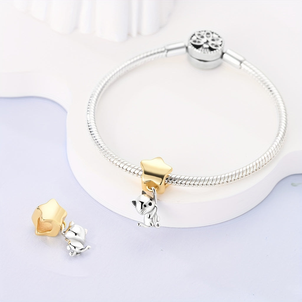 Charming Cat & Golden Star Charm - Whimsical Silver Plated Pendant for Bracelets, Earrings, or DIY Jewelry - Perfect Gift for Pet Lovers, Cat Accessories