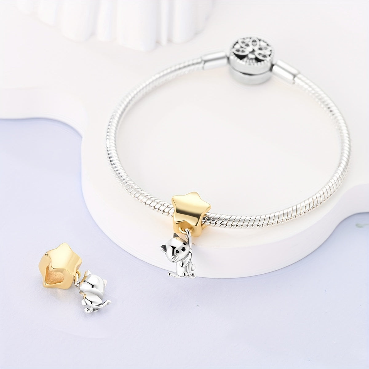 Charming Cat & Golden Star Charm - Whimsical Silver Plated Pendant for Bracelets, Earrings, or DIY Jewelry - Perfect Gift for Pet Lovers, Cat Accessories