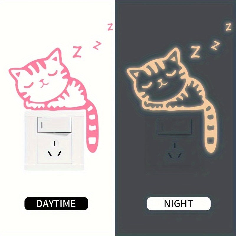 Removable Glow-in-the-Dark Cat Wall Stickers Compatible for Switches & Outlets - Cute Kitten Vinyl Decals with Night Glow, Peel & Stick for Switch Plates in Rooms,, Living Room Decor (No Residue)