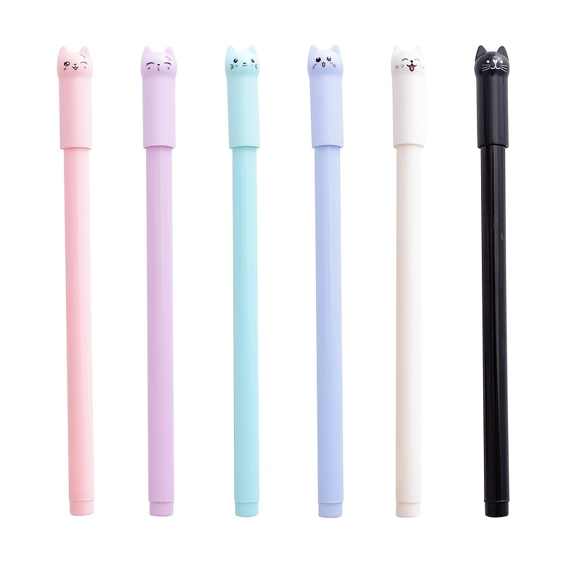 6pcs Whimsical Cartoon Meow Cat Gel Ink Rollerball Pens - Vibrant Black Water-Based Signature Pens for Students and Stationery Enthusiasts - Cute Wagging Tail Design and Smooth Writing Experience