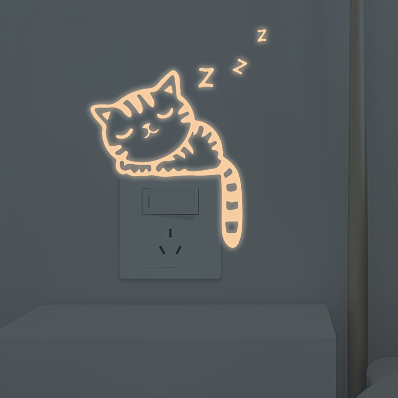 Removable Glow-in-the-Dark Cat Wall Stickers Compatible for Switches & Outlets - Cute Kitten Vinyl Decals with Night Glow, Peel & Stick for Switch Plates in Rooms,, Living Room Decor (No Residue)
