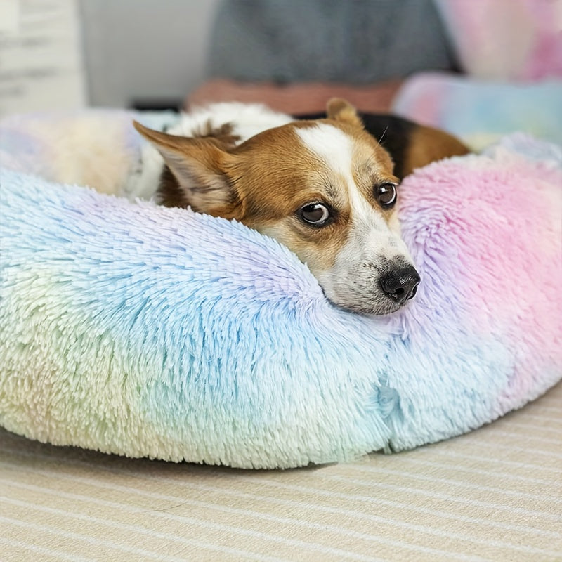 1pc Round Plush Gradient Color Calming Cat Bed, Machine Washable, Four Seasons Warm Comfortable Soft Nest, Suitable for Small and Medium Dogs and Cats, Pet Bed