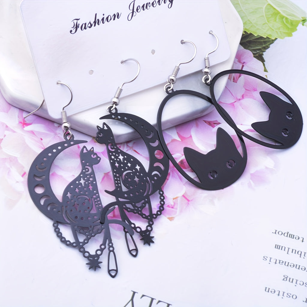 2 Pairs/Set Whimsical Black Cat Moon Hanging Pendant Earrings - Fashionable Golden Color Drop Earrings Jewelry with Lovely Animal Design - Ideal Gift Choice for Girls and Cat Lovers