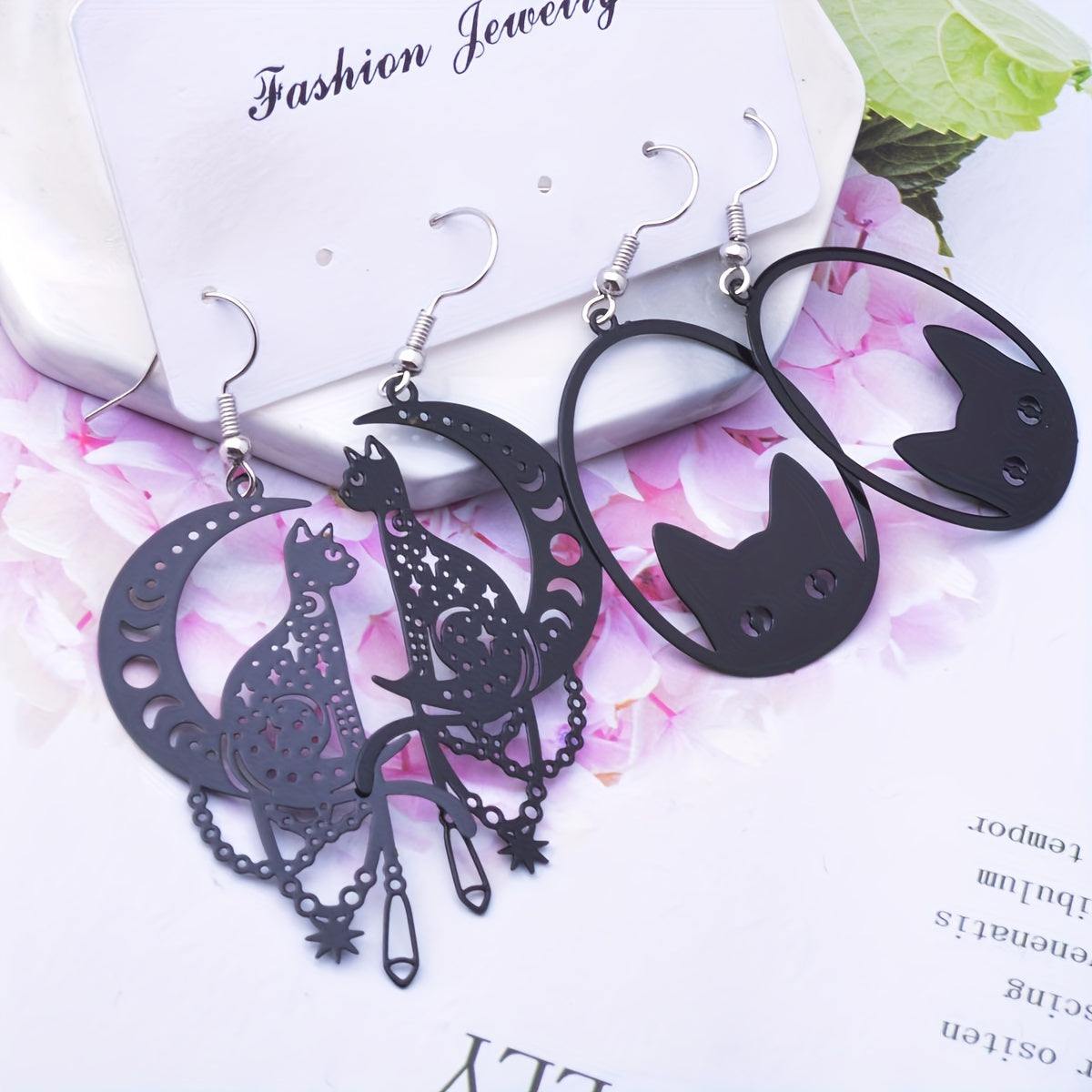 2 Pairs/Set Whimsical Black Cat Moon Hanging Pendant Earrings - Fashionable Golden Color Drop Earrings Jewelry with Lovely Animal Design - Ideal Gift Choice for Girls and Cat Lovers