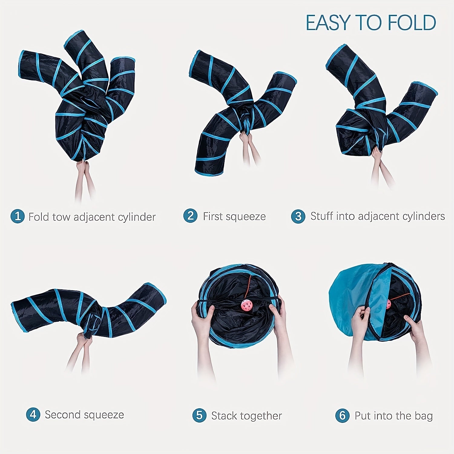 Large Collapsible Cat Tunnel with Play Ball & Interactive Peek Holes - Multi-Level Tunnel System for Indoor Cats, Kittens, Small Dogs - Heavy-Duty Tube with Blue Piping, Portable Hideout for Play & (Easy Assembly