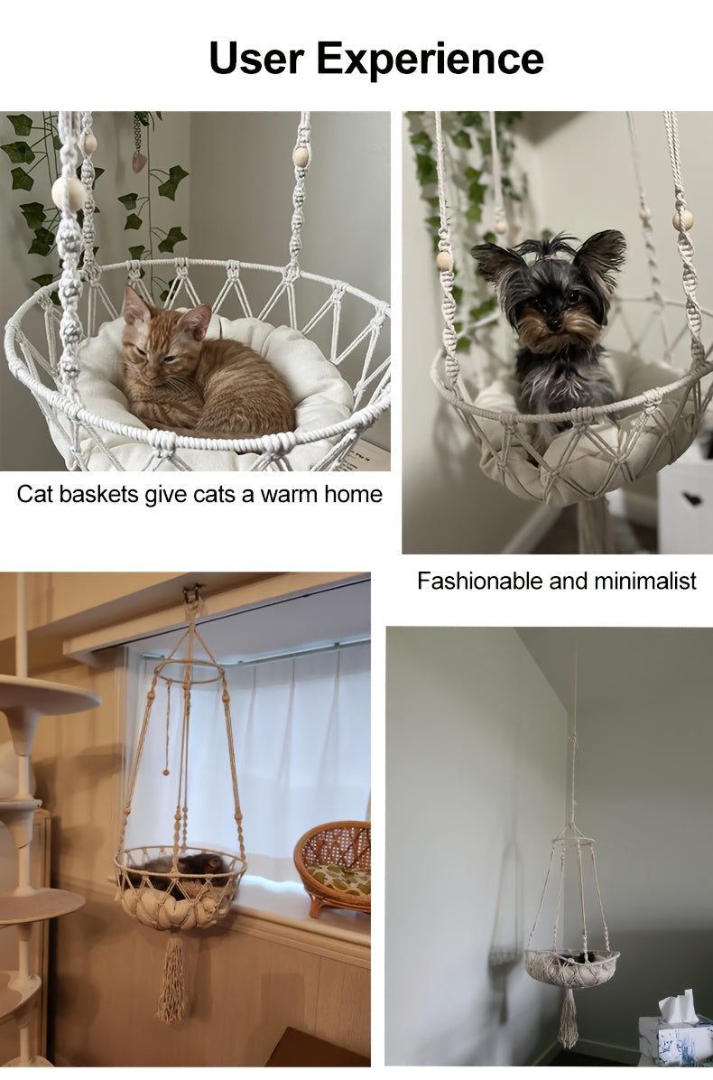 [Elegant Cat Hammock Basket] Handmade Woven Cat Hammock Basket - 1pc Soft All-Season Pet Swing with Checkered Cushion, Light Beige-Friendly Design, Easy Assembly for Indoor/Outdoor Use, Perfect Halloween Gift for Cats & Small