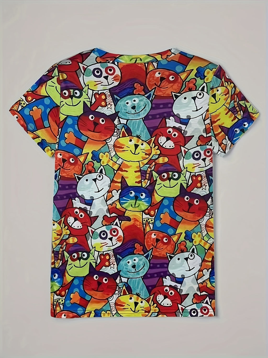Cartoon Cat Print T-shirt, Short Sleeve Casual Tee For Summer & Spring, Women's Clothing