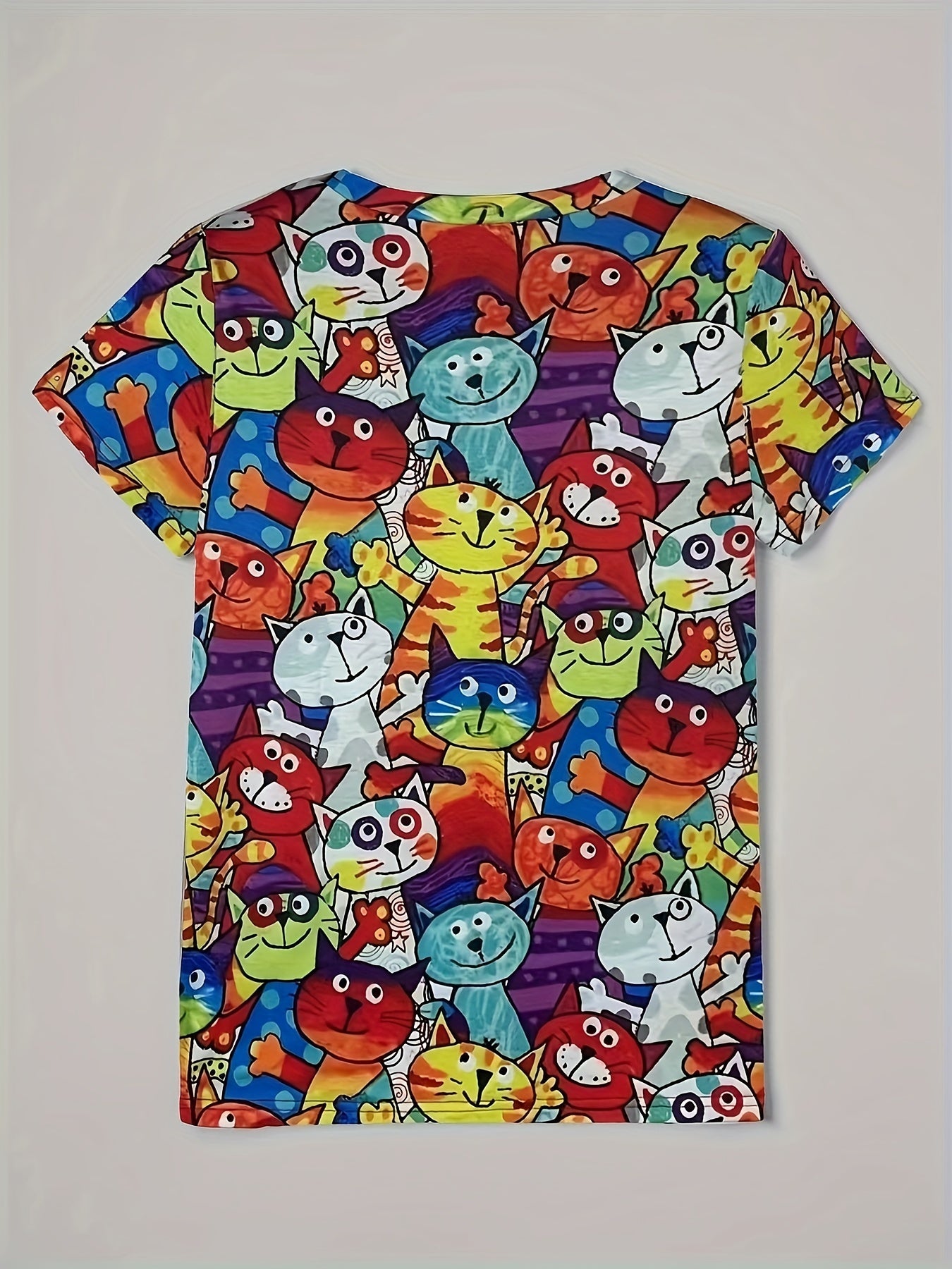 Cartoon Cat Print T-shirt, Short Sleeve Casual Tee For Summer & Spring, Women's Clothing