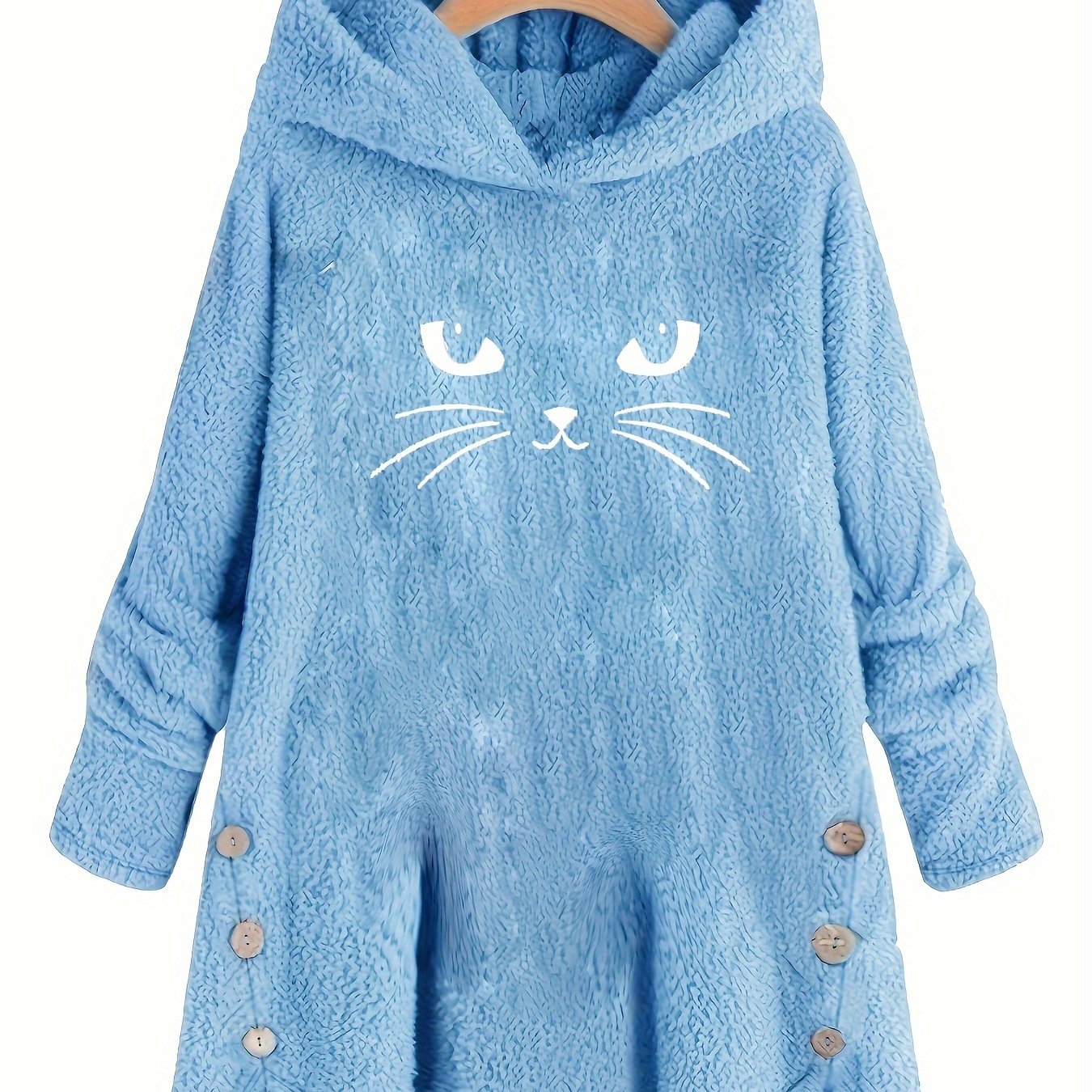 Cat Print Dipped Hem Plush Hoodie, Casual Long Sleeve Button Hoodie Sweatshirt, Women's Clothing