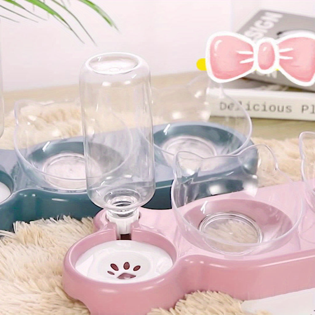Elevated Cat Bowls With Water Dispenser, Double Pet Inclined Food And Water Bowl With Gravity Water Bottle
