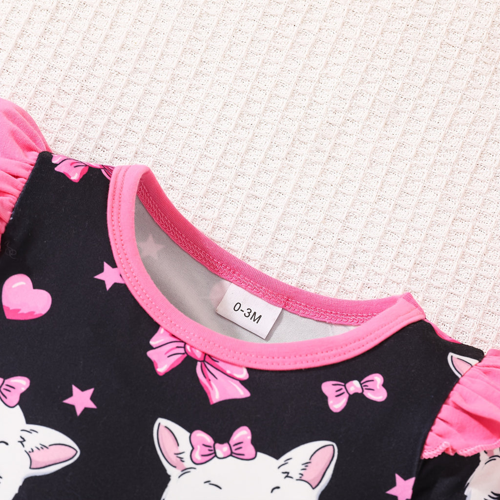 Newborn Baby Girls Cute Cartoon Cat Print Short-sleeved Comfortable Jumpsuit With Bow Headband Baby Summer Clothing