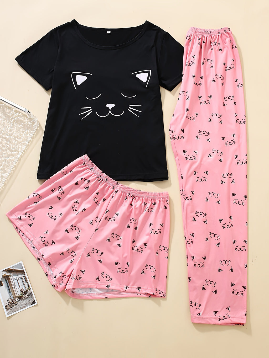 Cute Cat Print Pajama Set, Short Sleeve Crew Neck Top & Shorts & Pants, Women's Sleepwear & Loungewear