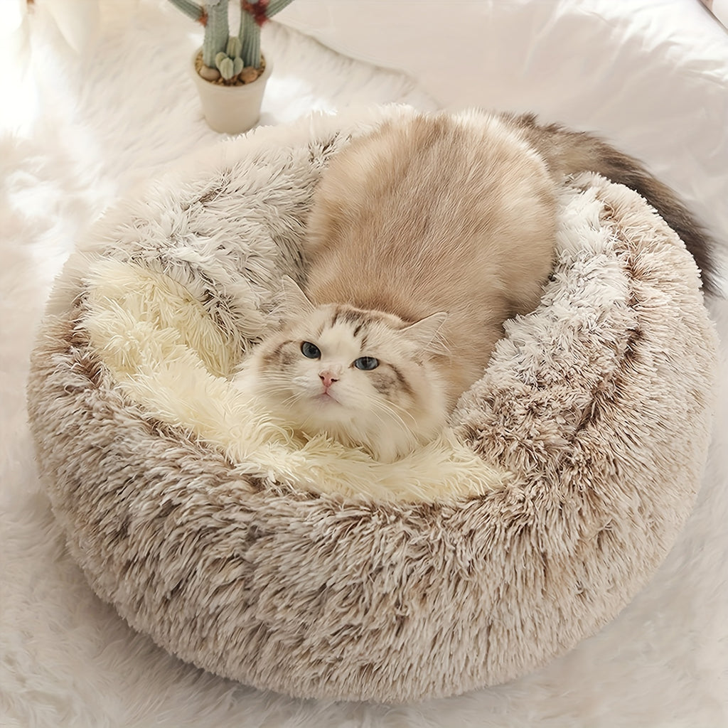 Luxurious Plush Hooded Donut Pet Bed for Cats & Small Dogs - Cozy, Warm, Non-Slip Bottom, Easy to Clean, Perfect for Winter Comfort