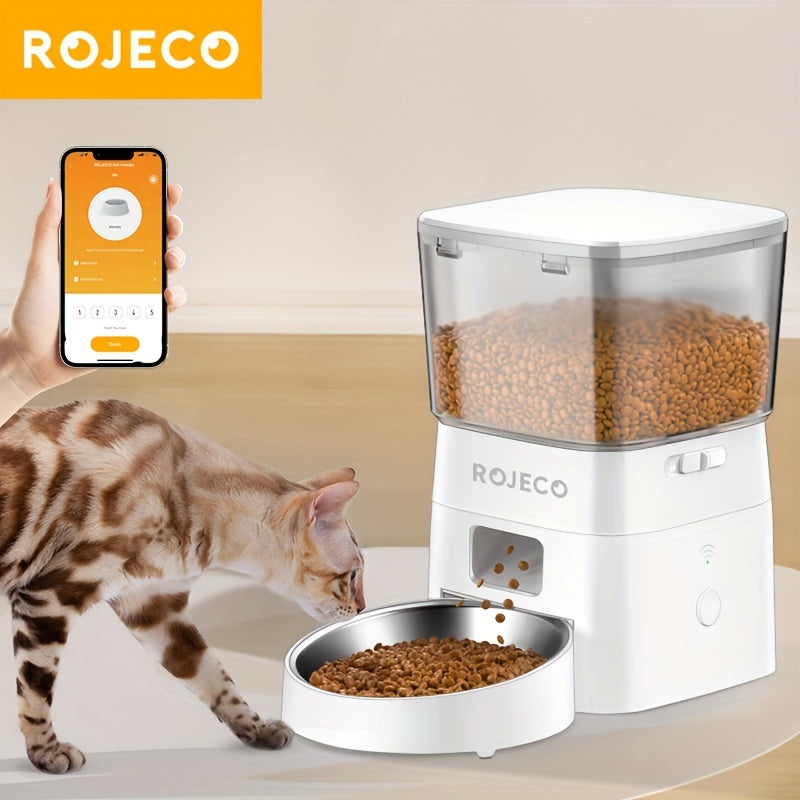 ROJECO Automatic Cat Feeder, 2L/68oz WiFi Automatic Cat Food Dispenser With App Control, Timed Cat Feeder With Stainless Steel Bowl & Dual Power Supply, 1-6 Meals, No Adapter Included