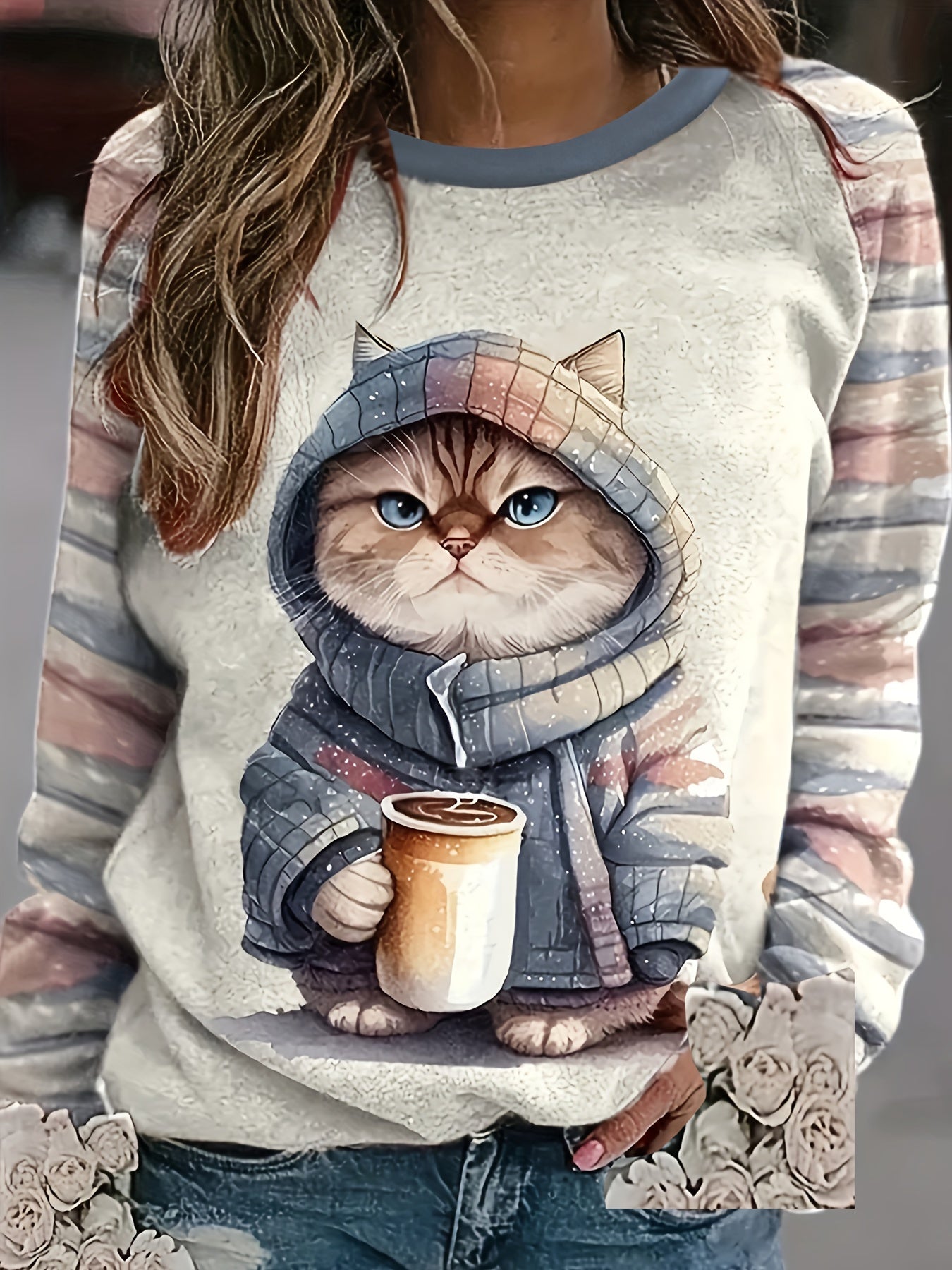 Plus Size Casual Sweatshirt, Women's Plus Colorblock Cat Print Long Sleeve Round Neck Sweatshirt