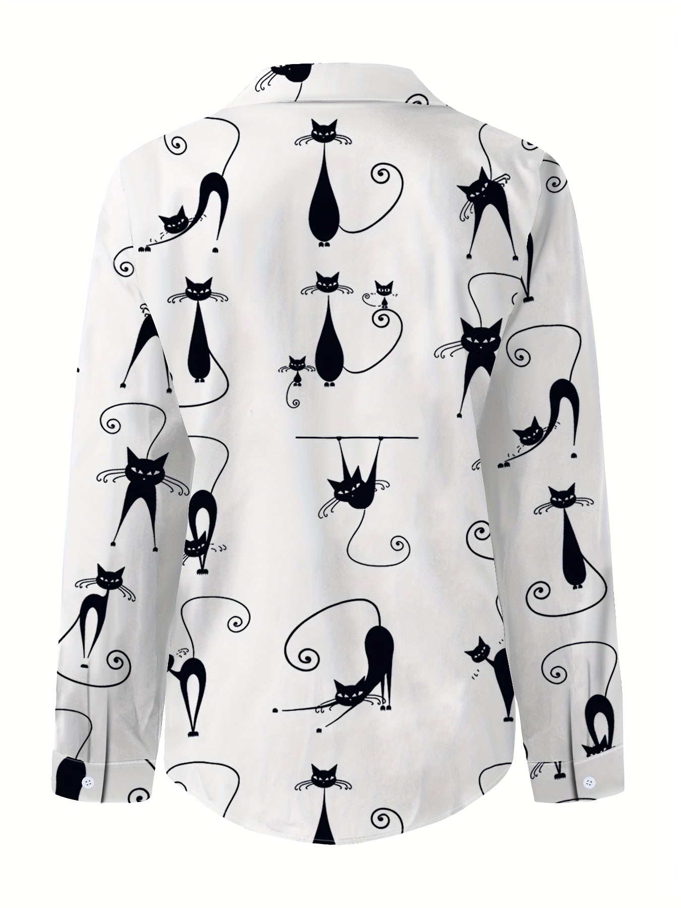 Cute Cat Print Button Front Shirt, Casual Lapel Long Sleeve Shirt, Women's Clothing