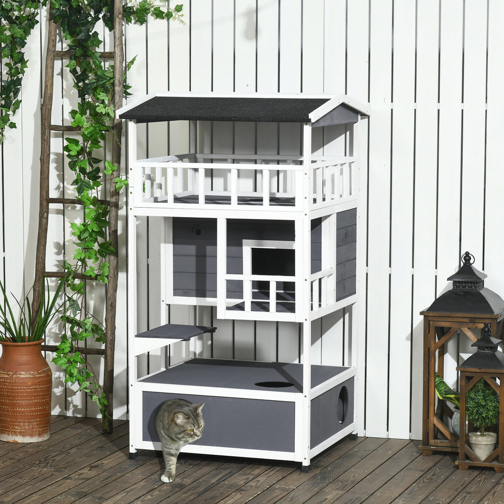 Wooden Outdoor Cat House 3-Tier for Winter Kitten Shelter Lodge w/ Tilted Roof Terrace Jump Step Bottom Tray Elevated Base Waterproof Paint