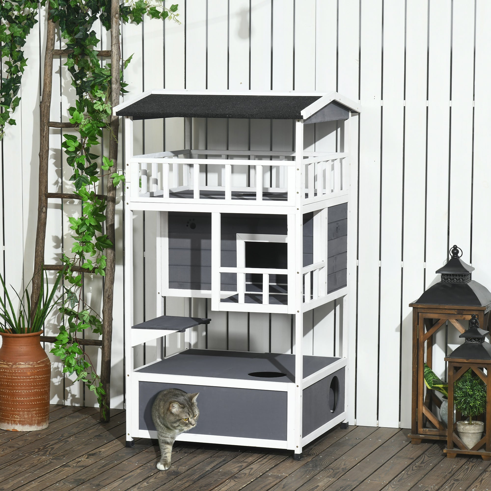 Wooden Outdoor Cat House 3-Tier for Winter Kitten Shelter Lodge w/ Tilted Roof Terrace Jump Step Bottom Tray Elevated Base Waterproof Paint