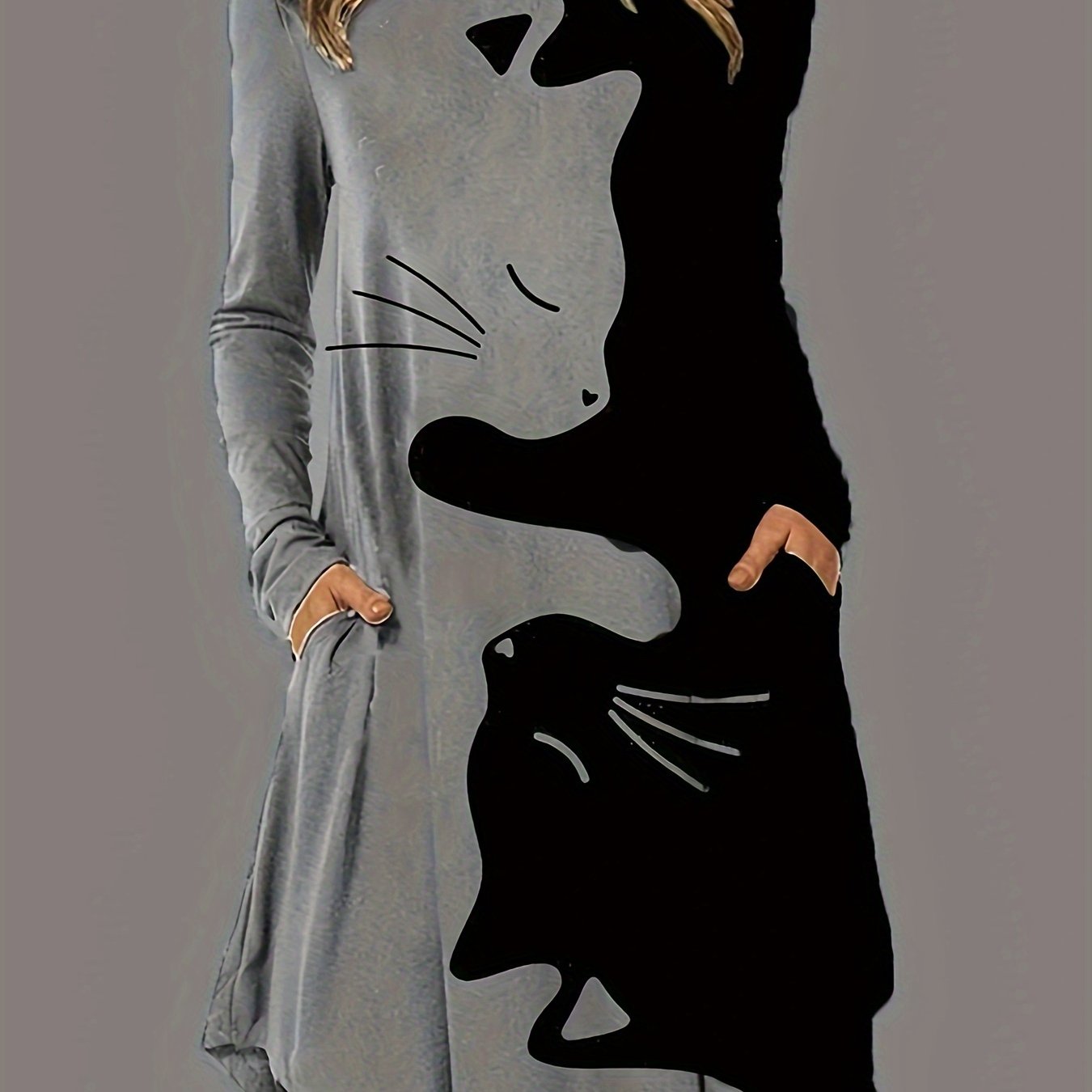 Long Sleeve Cat Print Casual Crew Neck Dress for Women, Spring & Fall Clothing