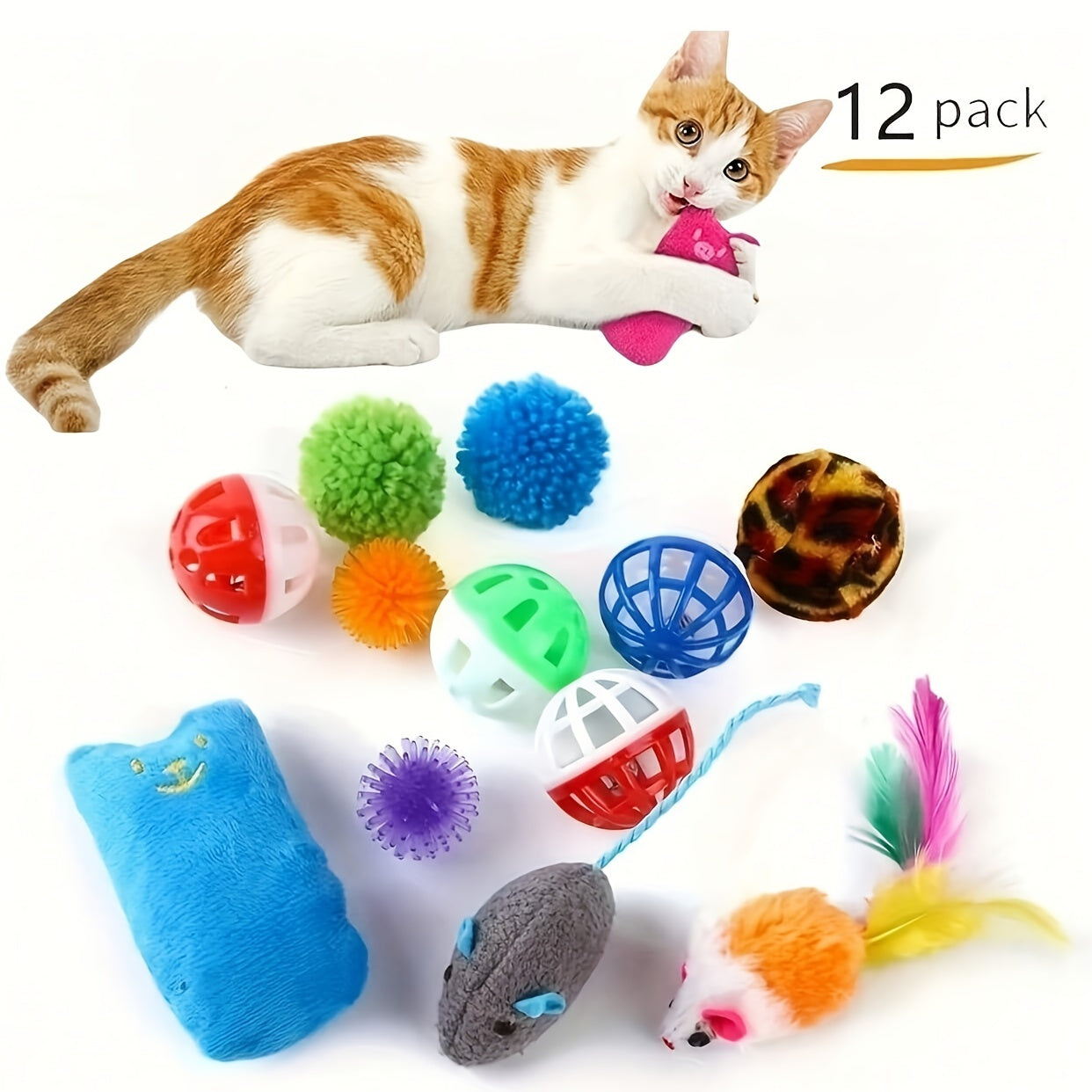 12-Piece Interactive Cat Toy Set With Feather & Mouse - Engaging Play For Kittens And Small Cats, Non-Electric, Assorted Colors