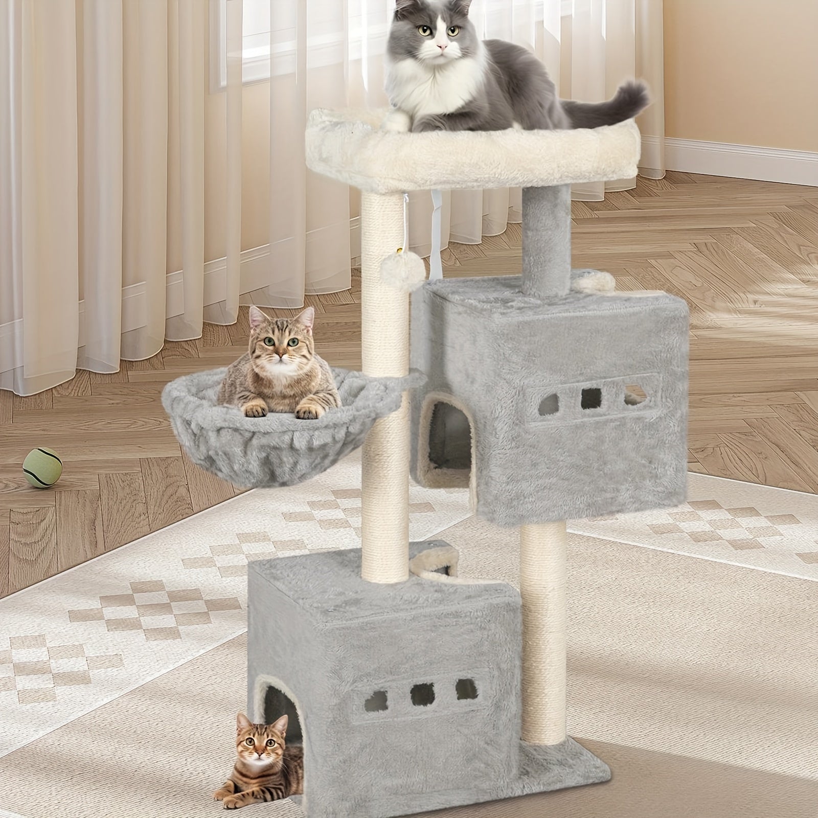 Hzuaneri 98cm Cat Scratching Post, Cat Tree, Kitten Scratching Post, Multi-layer Cat Scratching Post with Perches, Cat House Furniture with 2 Caves, Hemp Cat Scratching Post, Hammock, Cave, Dark Gray/Light Gray