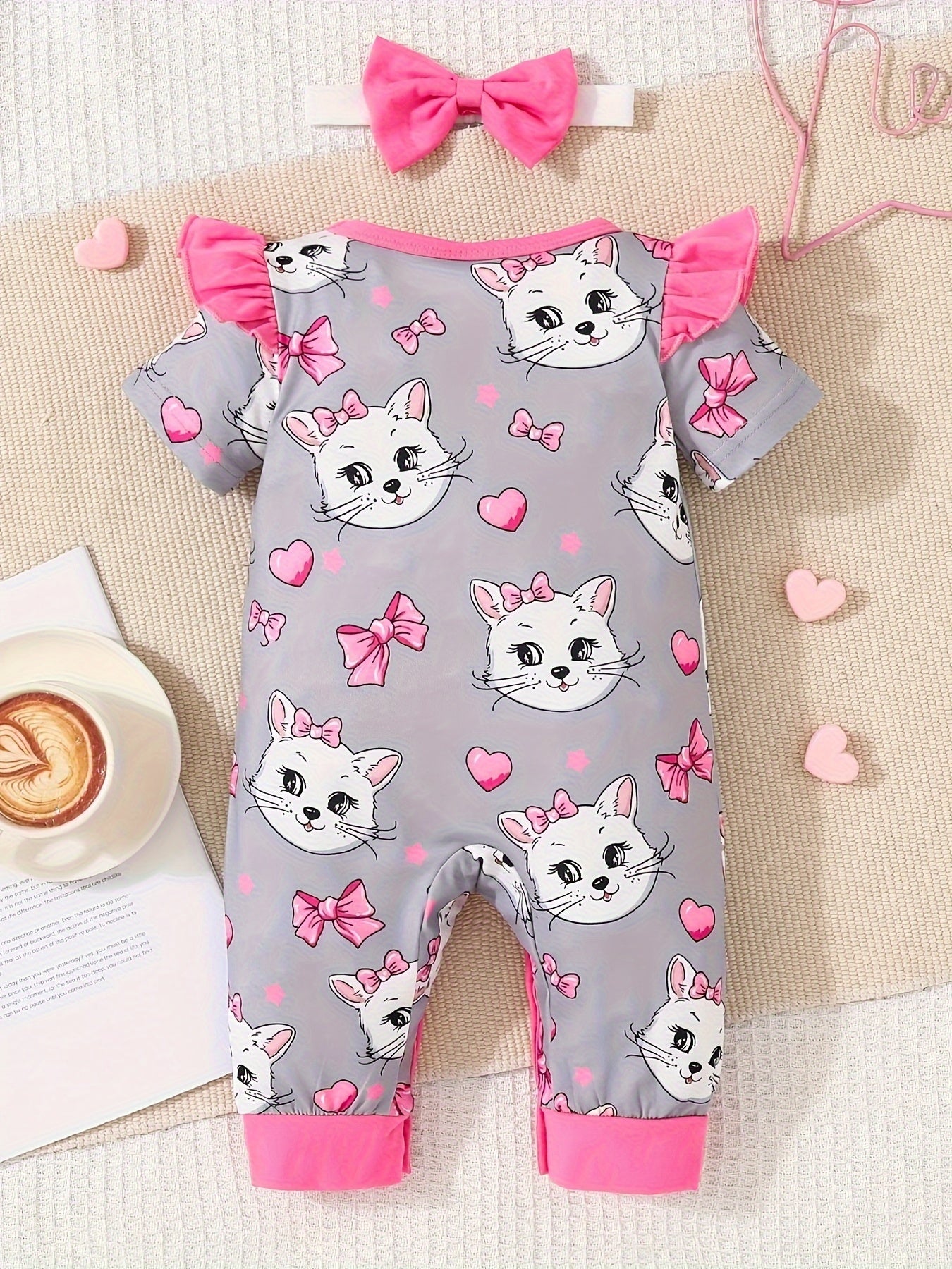 Newborn Baby Girls Cute Cartoon Cat Print Short-sleeved Comfortable Jumpsuit With Bow Headband Baby Summer Clothing
