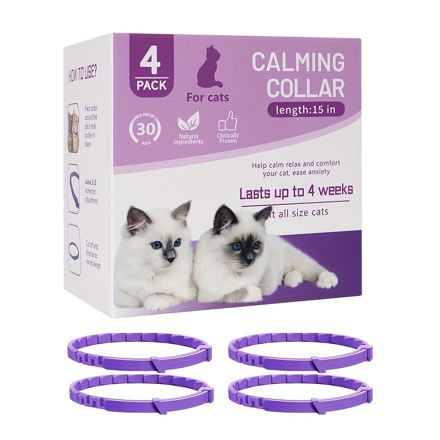 4pcs Calming Pheromone Cat Collars - Adjustable Breakaway Design, Relax for Cats & Kittens, Purple, 50g, Lasts Up to Weeks, Ideal for Small, Medium, Large Cats