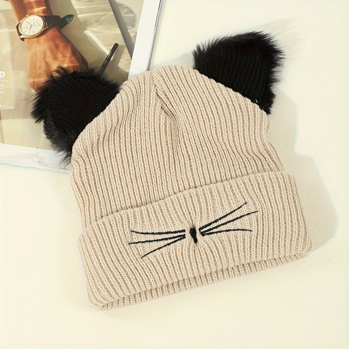 Cute Cat Beanie With Ears Trendy Solid Color Elastic Knit Hats Winter Warm Skull Cap Coldproof Beanies For Women