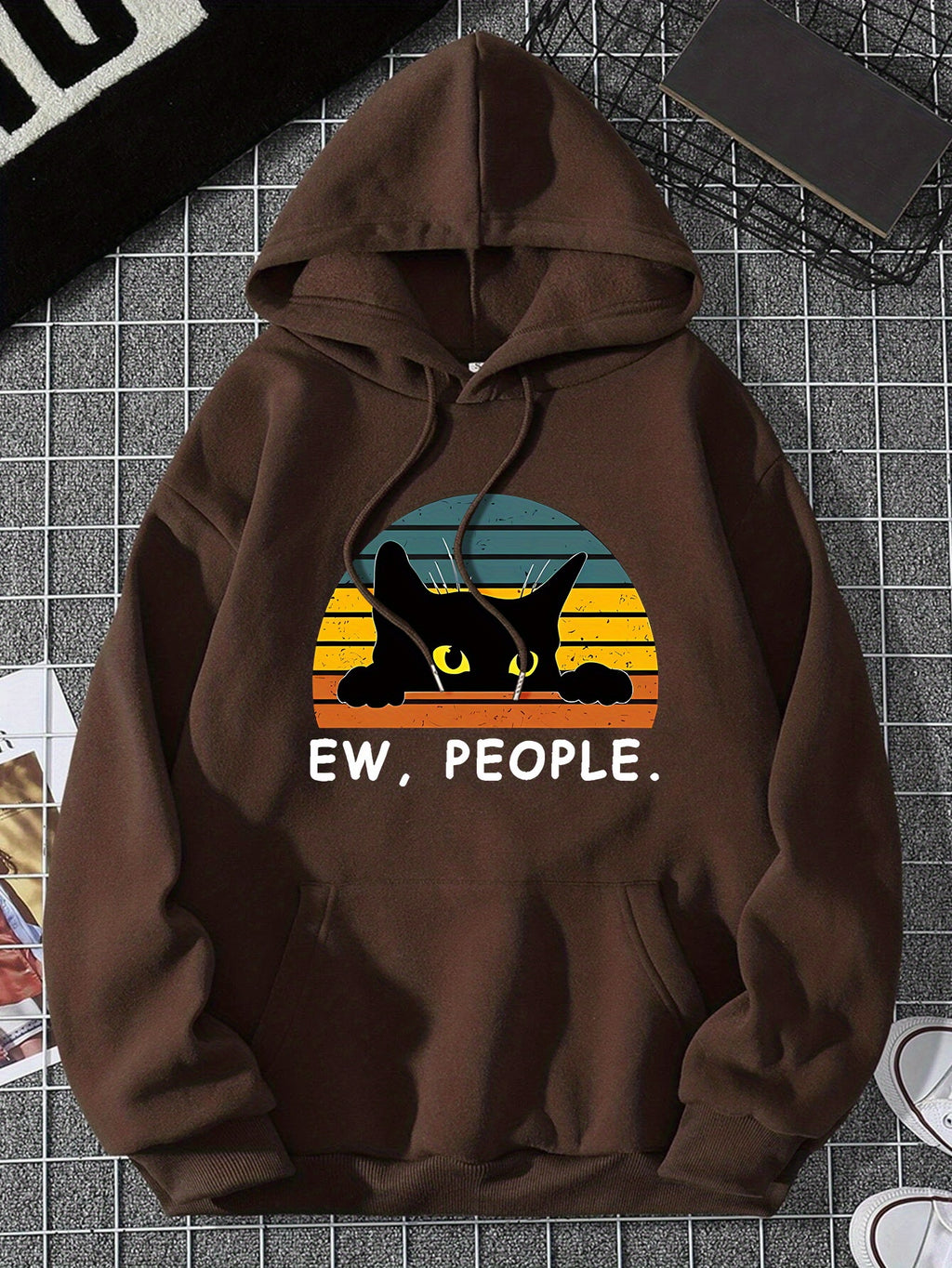 Cozy Cat Print Hoodie with Kangaroo Pocket - Perfect for Chilly Days, Comfortable & Easy Care Casual Wear for Women