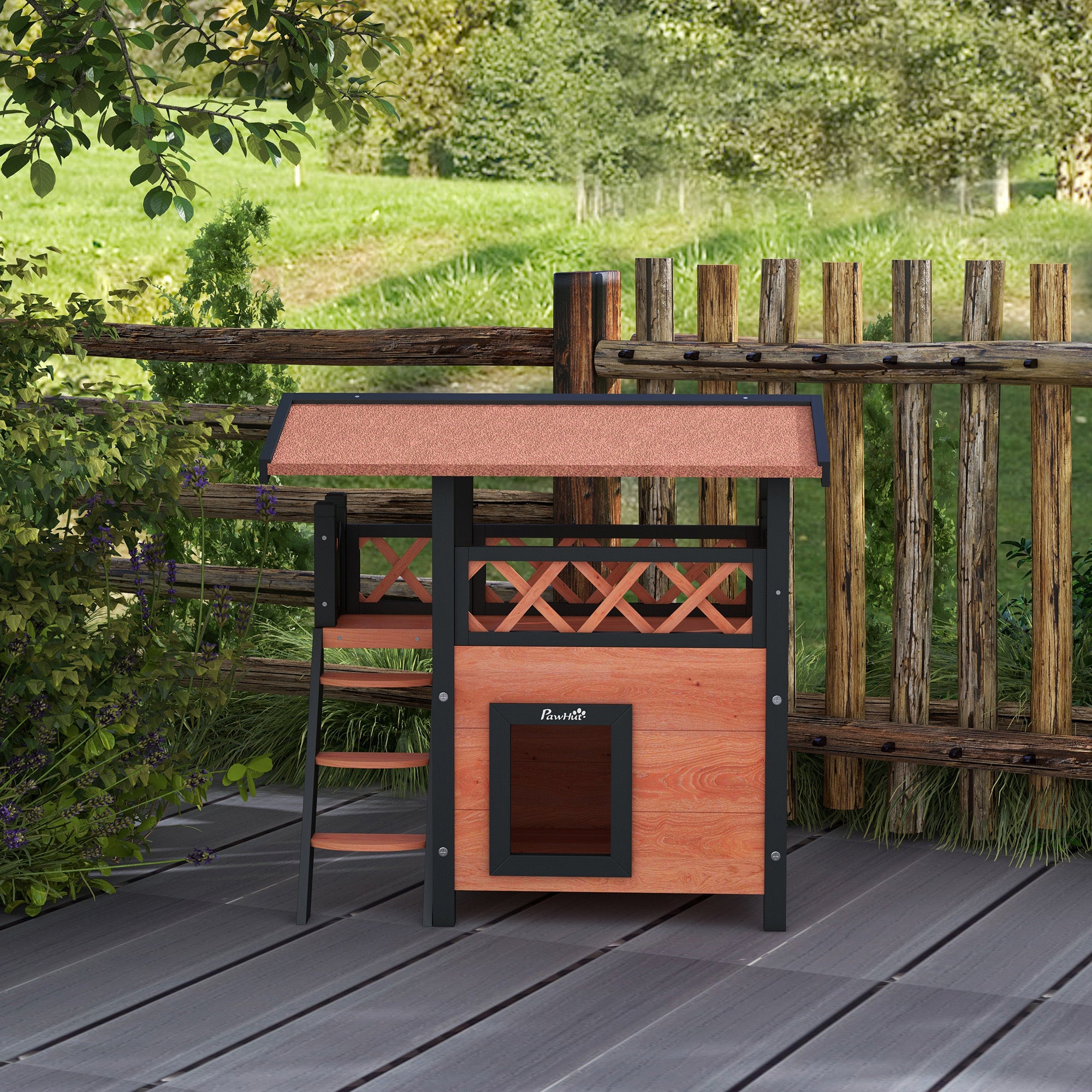 Outdoor Cat House Kitten Shelter Puppy Kennel with Balcony Stairs Asphalt Roof, 77 x 50 x 73 cm