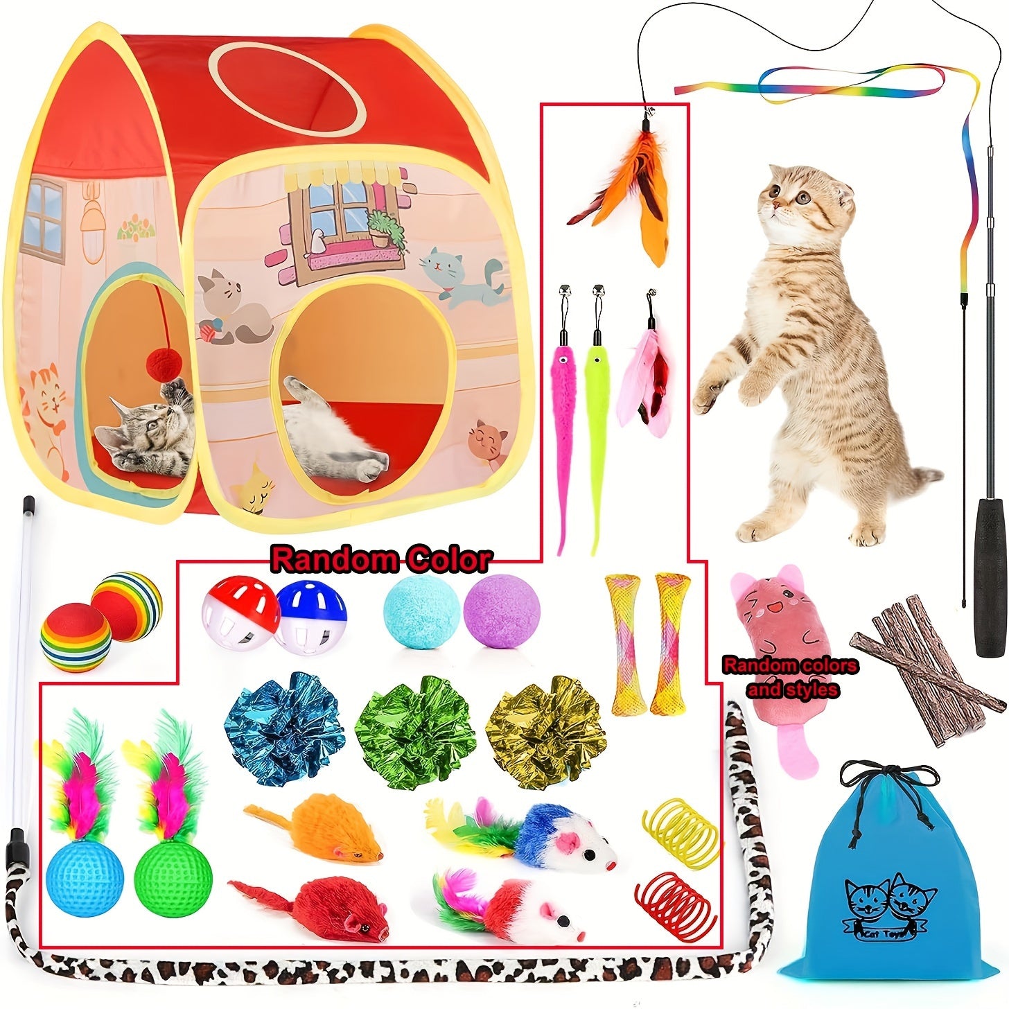 Interactive 34-Piece Cat Toy Set with Collapsible Tunnels & Teasers - Engaging Play, Animal Print Design